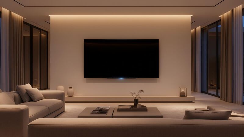 Professional flush TV mount with hidden cables in a luxury Denver living room